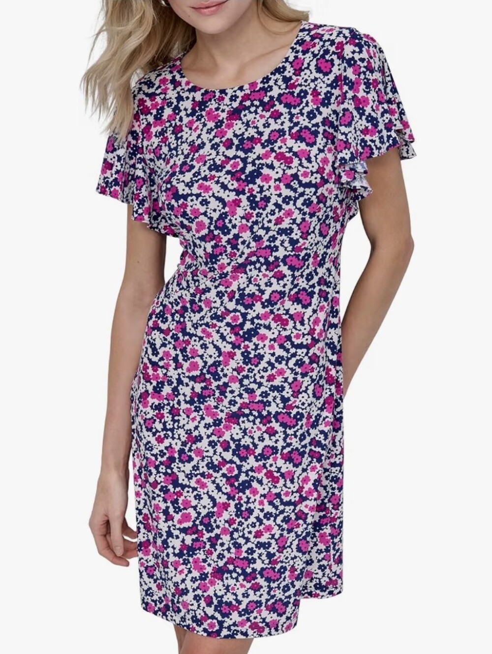 DKNY Womens Short Flutter Sleeve Jewel Neck Tunic Style Mini Dress